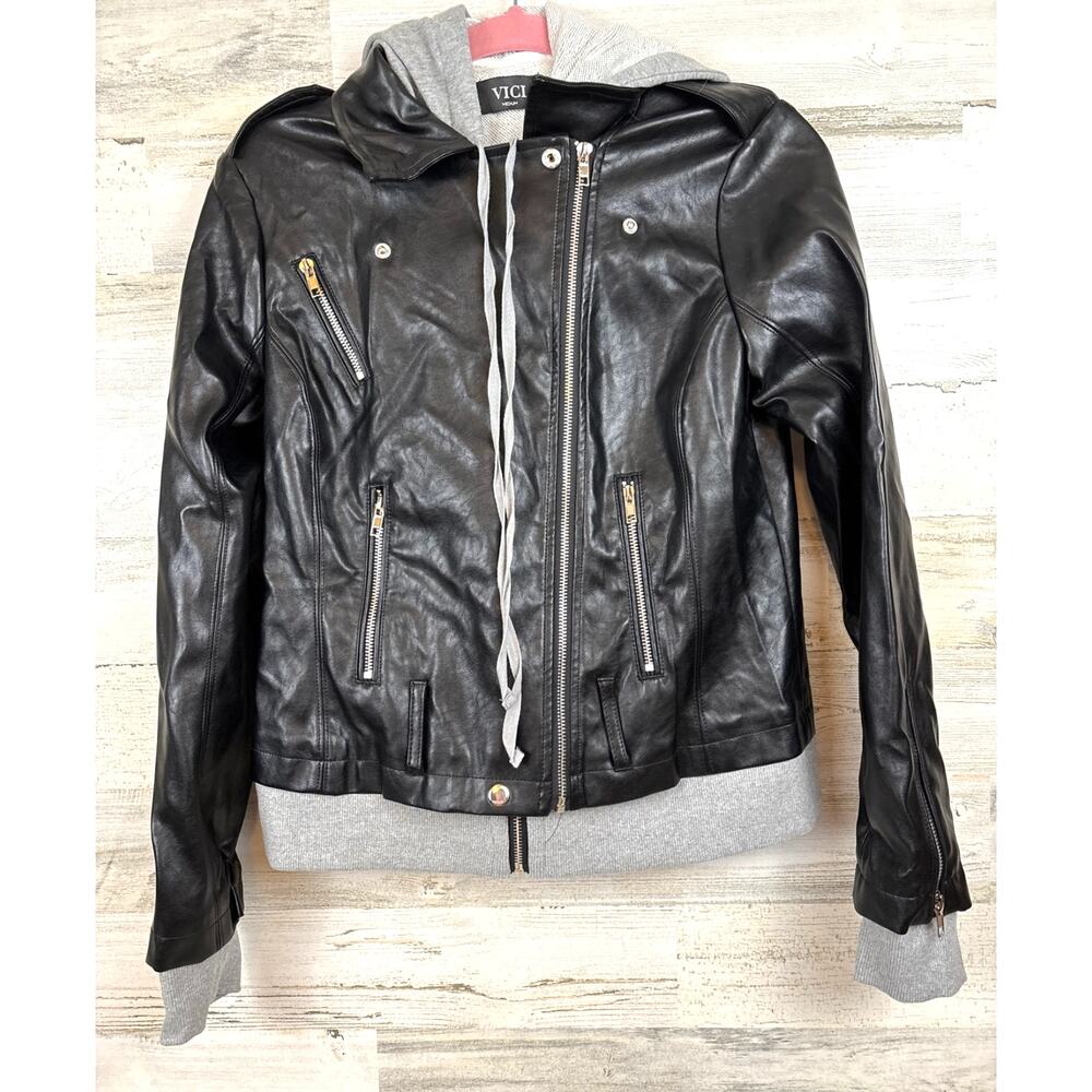 Vici Womens M Black Faux Leather Gray Knit Hooded Moto Jacket NWT Biker